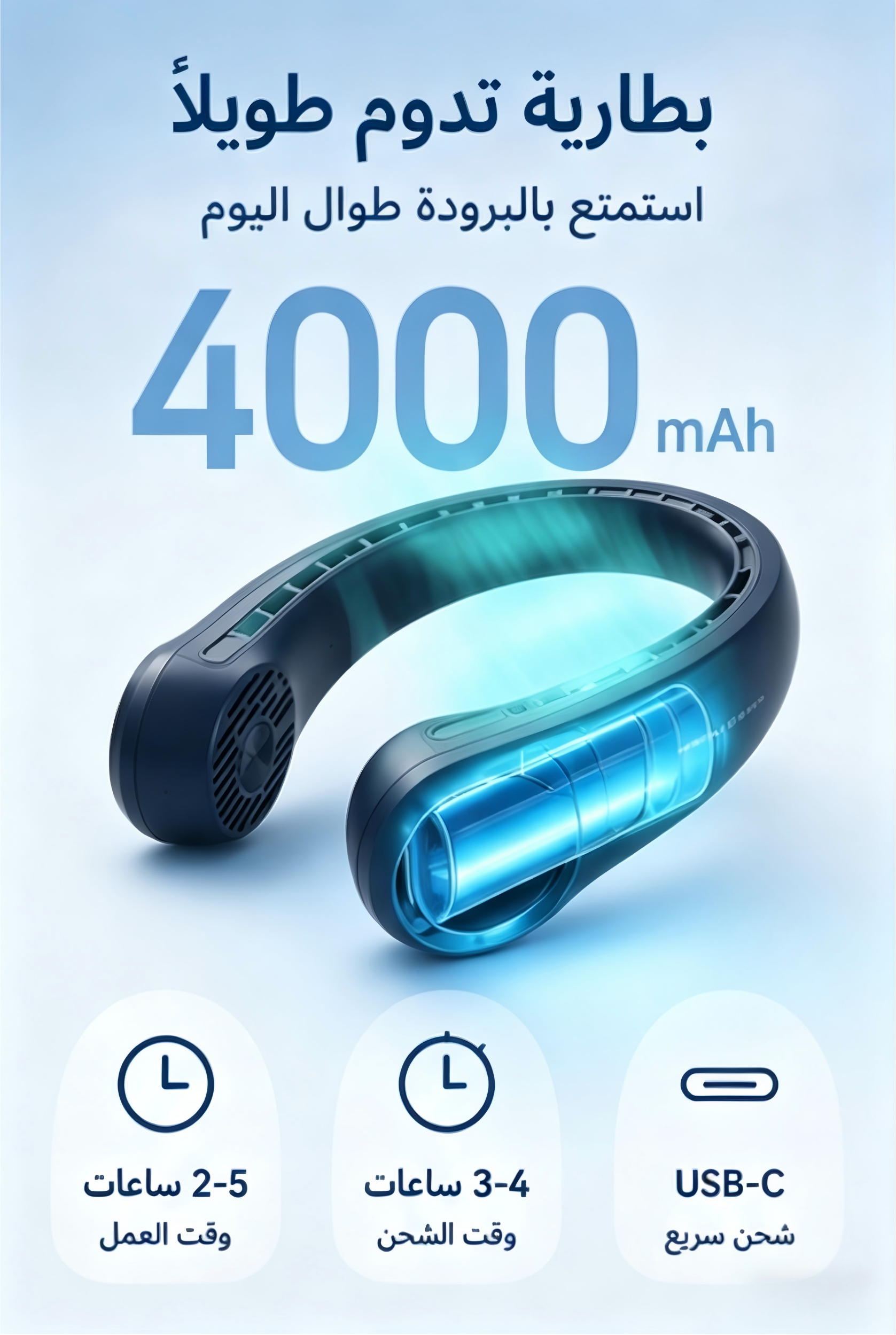 مروحة رقبة محمولة بدون أوراق، بطارية 4000mAh تدوم طويلاً، شحن USB-C سريع